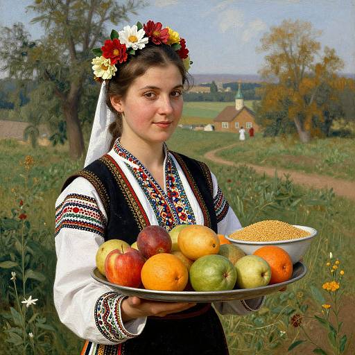 Photograph of a young woman in traditional folk dress, floral headband, holding a tray with apples, oranges, green apples, and a bowl of