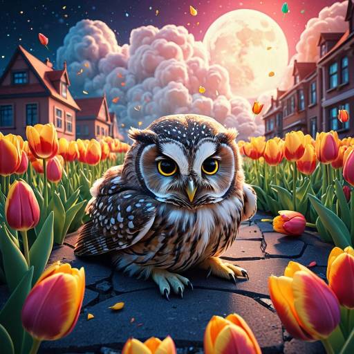 Curious Baby Owl Among Tulips at Moonlight