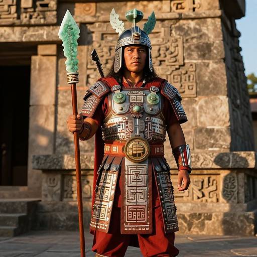 Photograph of a male warrior in intricate Aztec-style armor with turquoise accents, holding a jade-tipped spear, standing before a stone temple.