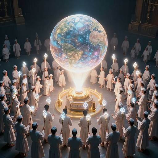 Photograph of a group of robed individuals holding lit torches surrounding a glowing, illuminated Earth sphere in a dimly lit room.