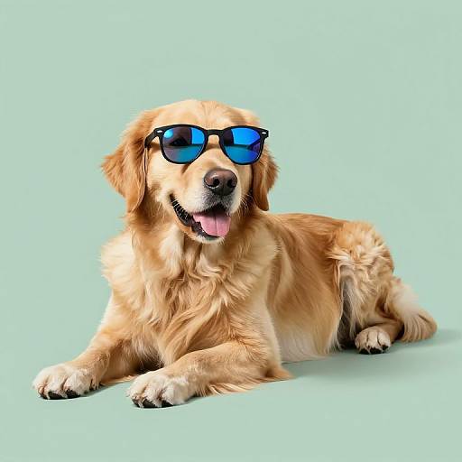 Photograph of a golden retriever lying down against a light blue background, wearing blue sunglasses, with a happy, open-mouthed expression.