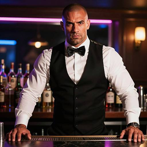 Photograph of a muscular, bald, Caucasian bartender with intense expression, wearing a black vest, white shirt, and bow tie, leaning on a bar