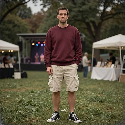 Photograph of a young man with short brown hair, beard, wearing a maroon sweatshirt, beige cargo shorts, and black sneakers, standing on