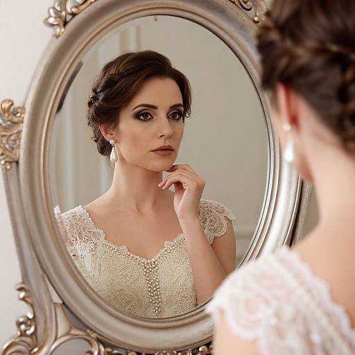 Elegant Woman Looking in Vintage Mirror