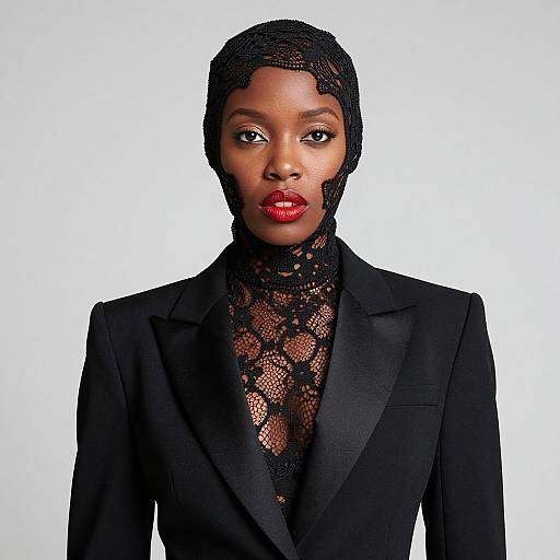 Photograph of a confident Black woman with short, curly hair, wearing a black lace headscarf, black blazer, and bright red lipstick,