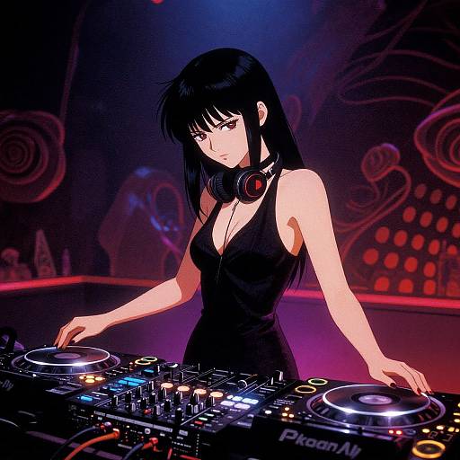 Digital anime-style illustration of a black-haired DJ woman in a sleeveless black dress, adjusting turntables in a dimly lit, colorful club with neon