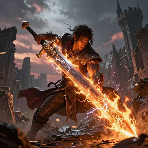 Epic digital art of a muscular warrior with wild hair wielding a blazing, electrified sword in a ruined, twilight cityscape.