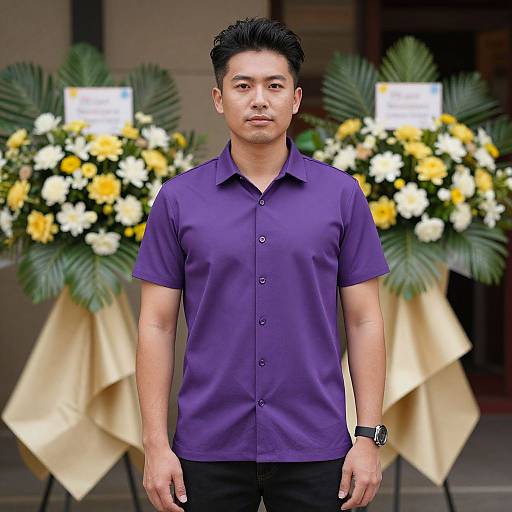 Photograph of an Asian man with short black hair, wearing a purple short-sleeve shirt and black pants, standing in front of two floral arrangements