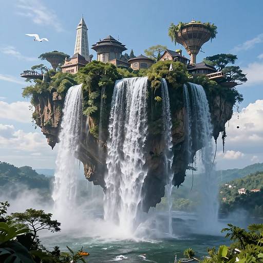Digital artwork of a floating, Asian-inspired island with a tall pagoda, lush greenery, and a massive waterfall cascading into a misty,