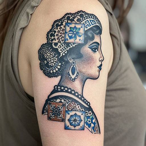 Tattoo of a detailed, black-and-blue, vintage-style woman's profile on a human arm, adorned with lace, flowers, and geometric patterns