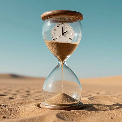 Photograph of a clear glass hourglass with a wooden top and bottom, standing on sandy desert ground under a clear blue sky.
