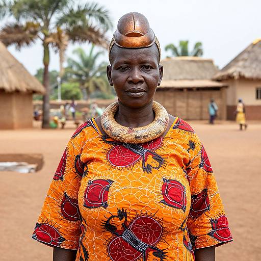 Photograph of an African woman with dark skin, wearing an orange dress with red and black patterns, and a beaded headwrap and necklace, standing