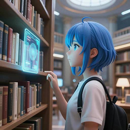 Digital anime-style drawing of a blue-haired girl in a white shirt and black backpack, interacting with a glowing bookshelf in a grand library.