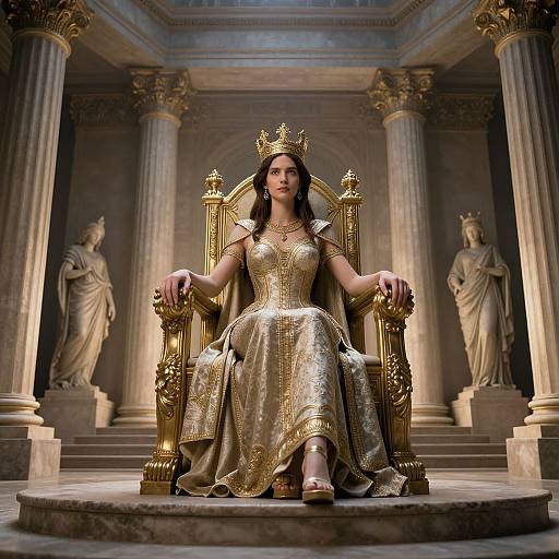 Photograph of a regal woman in a golden gown and crown, sitting on an ornate throne, flanked by statues in a grand, column