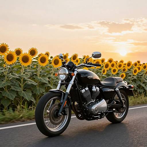 Photograph of a sleek black Honda motorcycle with chrome accents, parked on a rural road, surrounded by a vibrant sunflower field under a golden sunset sky