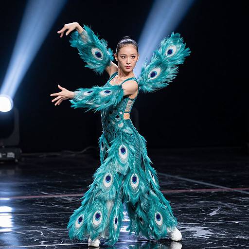 Photograph of an Asian ballerina in a peacock-feathered turquoise costume, mid-dance, arms outstretched, under bright stage