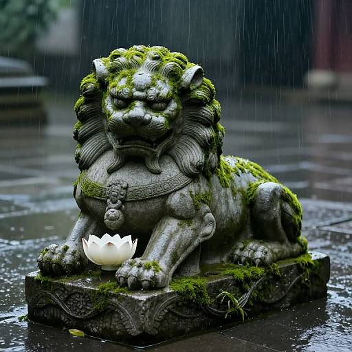 Photograph of a moss-covered, rain-soaked stone lion statue with a white lotus flower at its feet, set on a wet, reflective surface