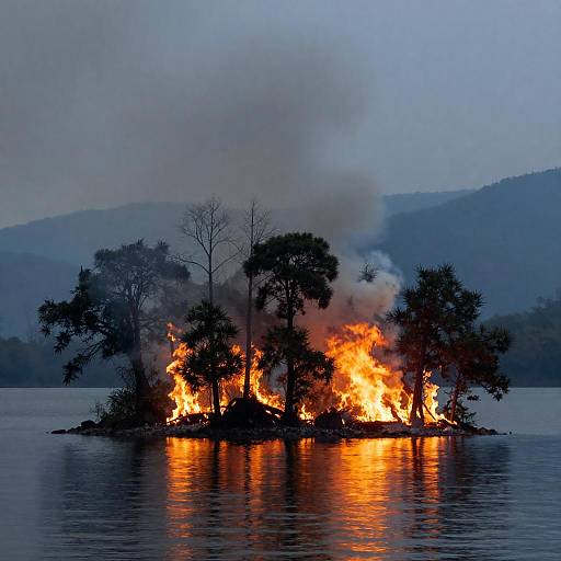 Flaming Island Reflected in Misty Waters