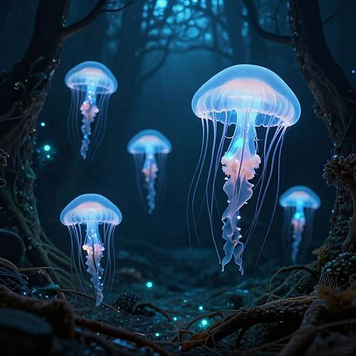 Photograph of glowing blue jellyfish floating in a dark, enchanted forest with bioluminescent fireflies, illuminated tree roots, and ethereal light