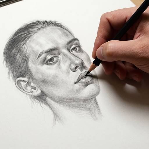 Photograph of a detailed black-and-white pencil portrait of a man, being carefully shaded by a skilled hand holding a pencil.