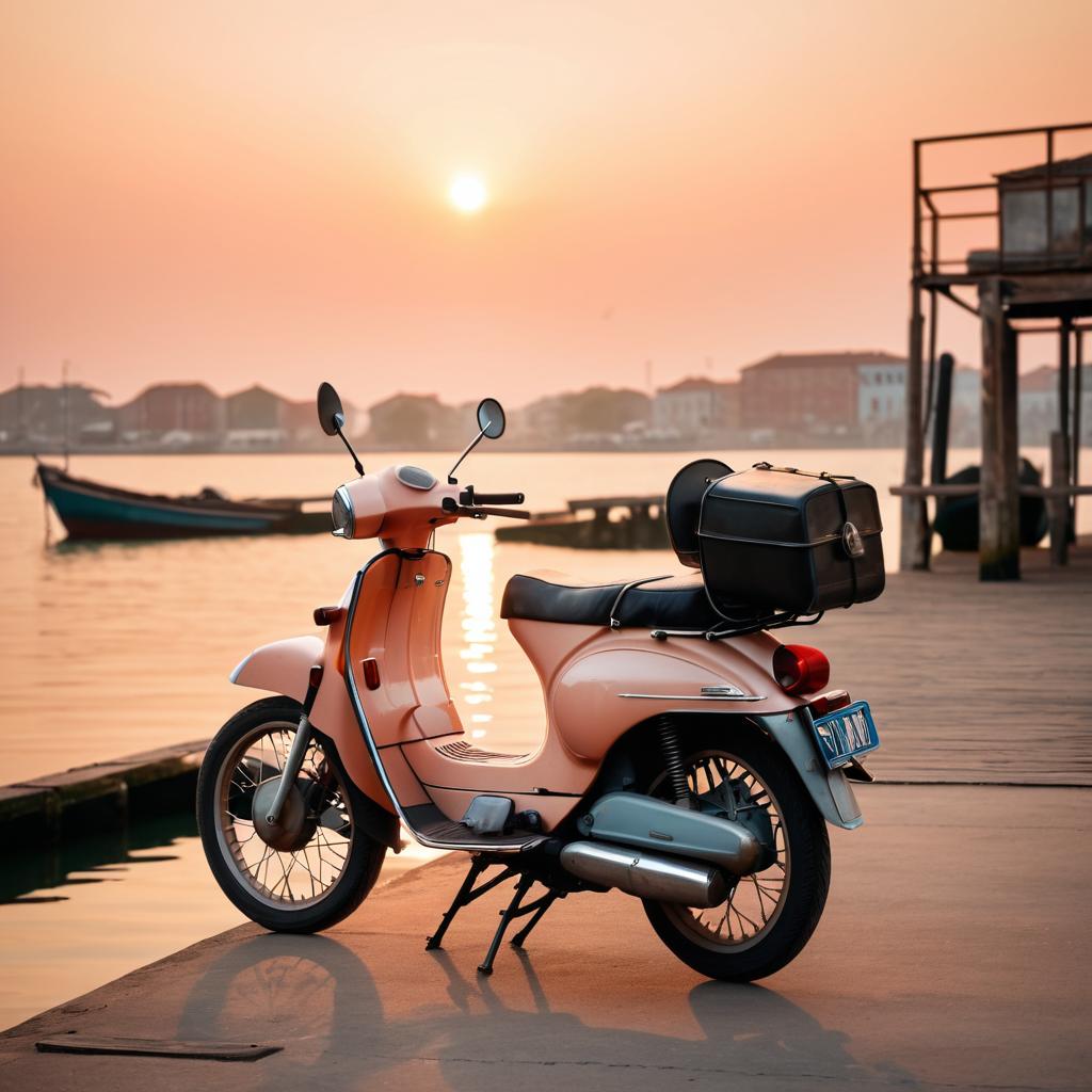 Nostalgic Moped at Sunset Dock