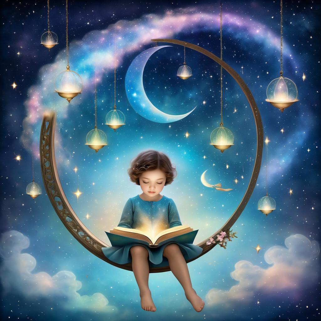 Dreamy Child on a Swing with Book