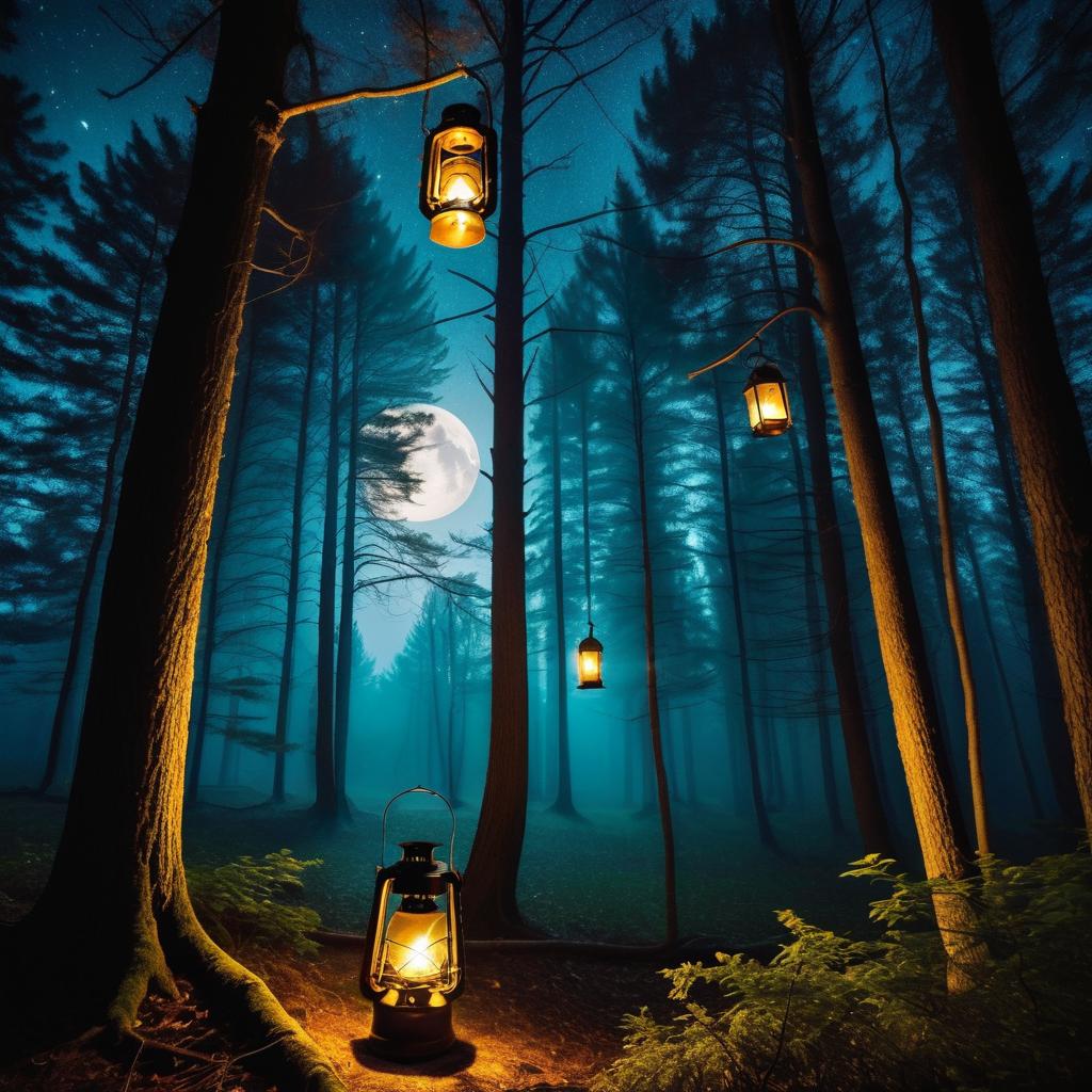 Moonlit Forest with Vintage Lanterns