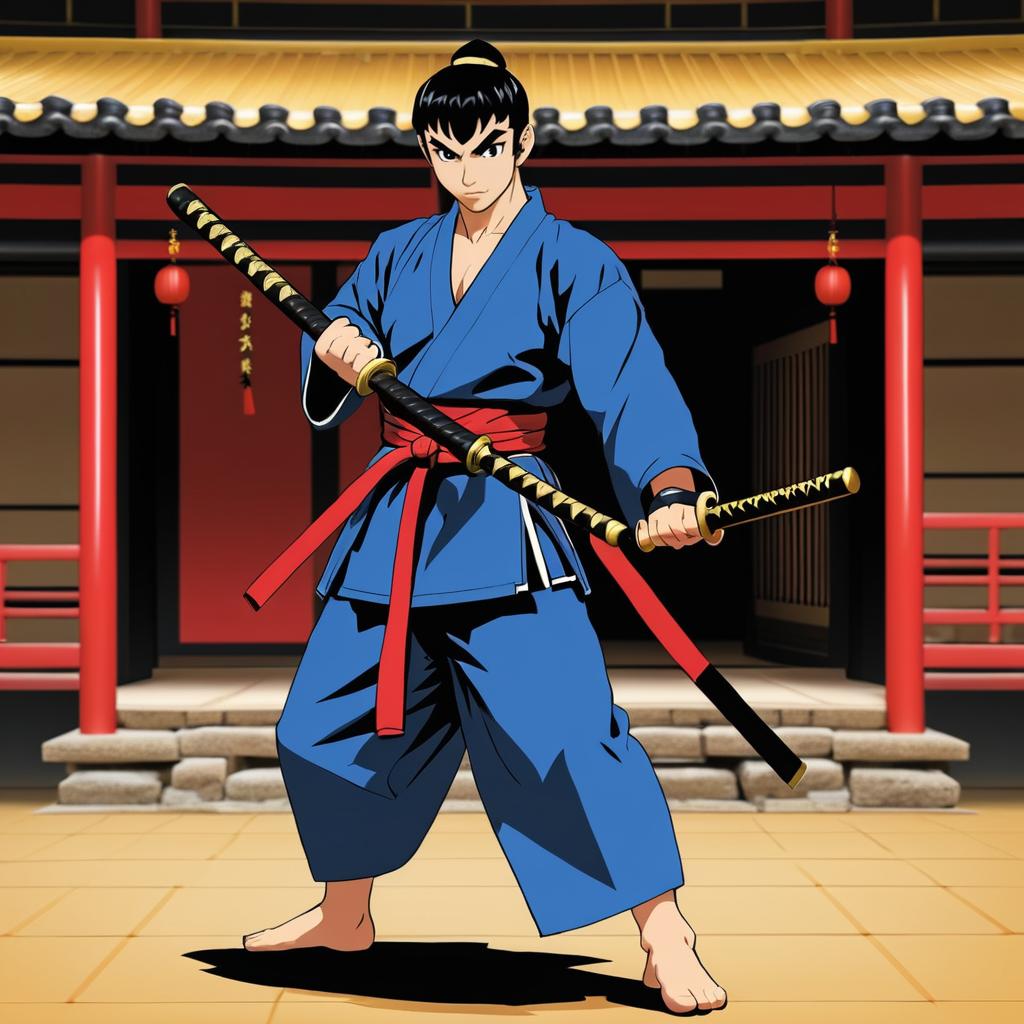 Dynamic Martial Artist in Ancient Dojo