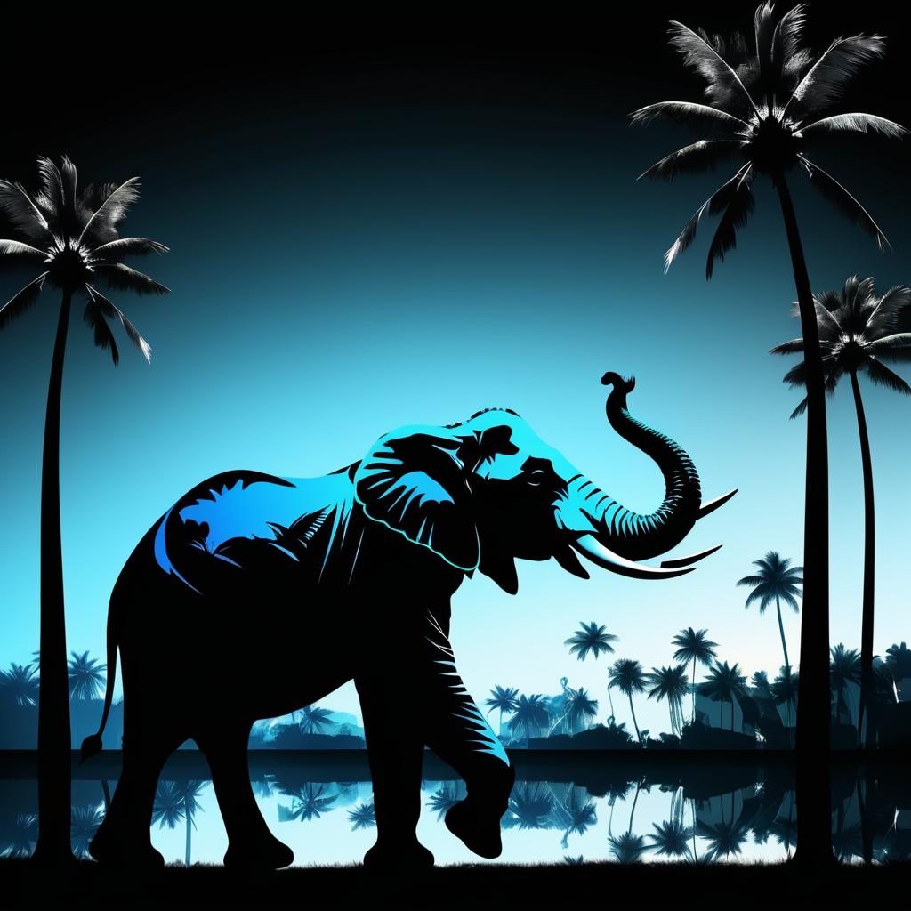 Elephant Silhouette with Palm Trees