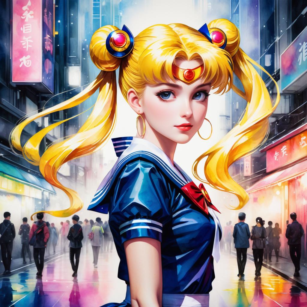 Vibrant Sailor Moon Portrait in Watercolor