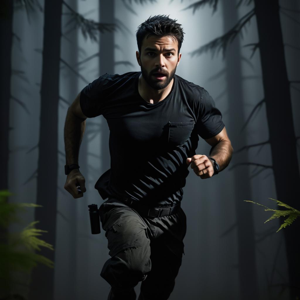 Terrified Man Running in Dark Forest