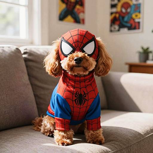 Photograph of a fluffy brown puppy wearing a Spider-Man costume, sitting on a gray couch in a sunlit room with comic posters on the wall.