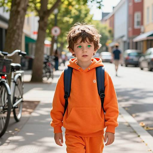 Curious Boy on Sunny City Street
