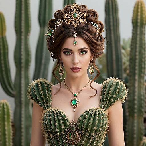 Digital artwork of a fair-skinned woman with green eyes, wearing a cactus-inspired dress adorned with green gemstones, set against a desert backdrop of
