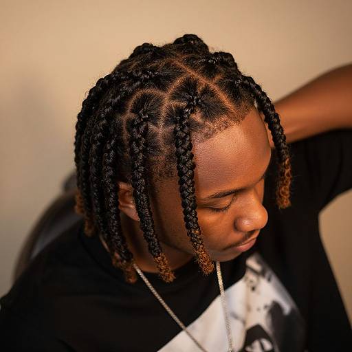Photograph of a young Black man with intricately braided hair, dark skin, wearing a black shirt with a white graphic, looking down, against