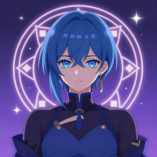 Anime Character with Blue Hair and Magical Aura