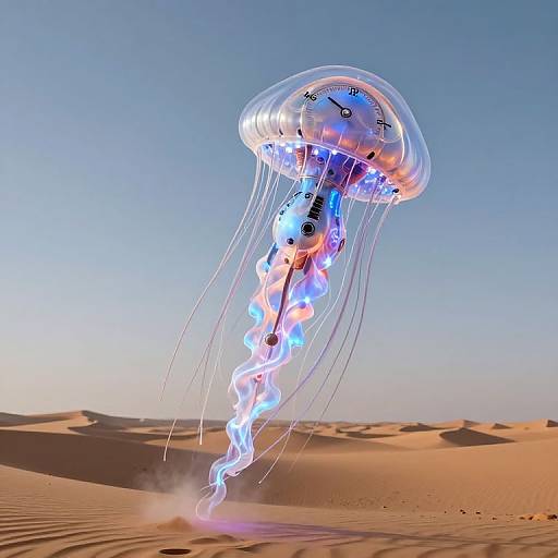 Digital art of a glowing, bioluminescent jellyfish with colorful lights, floating over a sandy desert under a clear blue sky.