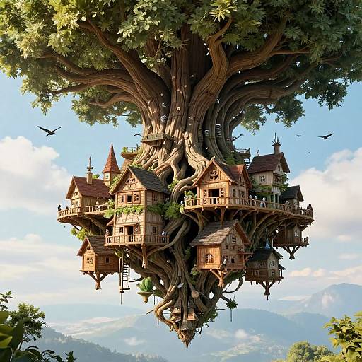 Digital art: Enchanted treehouse village with wooden cottages, intricate branches, and birds flying against a bright blue sky with clouds.