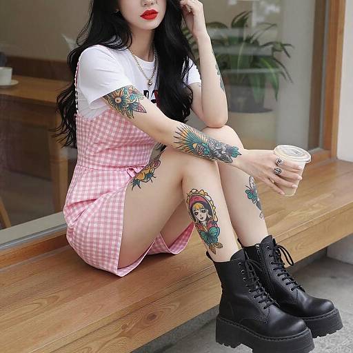Tattooed Woman on Wooden Bench