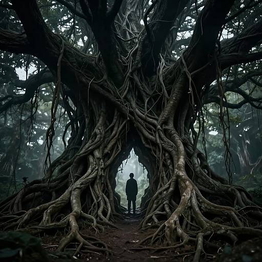 Photograph of a person standing in the center of a dense, misty forest, framed by a massive, twisted tree with gnarled roots.