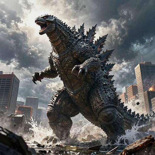 Realistic Godzilla Roaring Amid Storm
