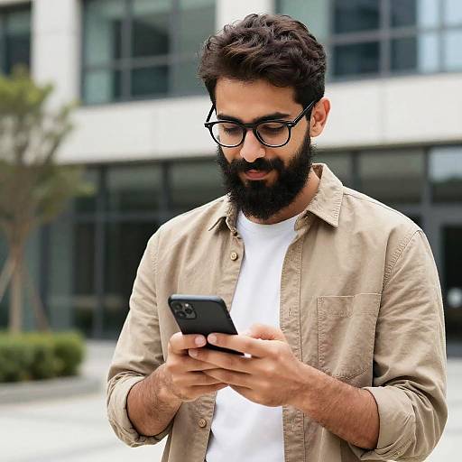 Bearded Man Using Smartphone Outdoors