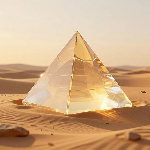 Photograph of a transparent, golden-hued glass pyramid standing in a desert with sand dunes and sunlight casting warm reflections.