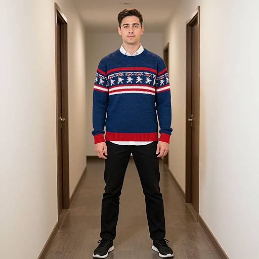 Photograph of a young man in a blue sweater with American flag and star patterns, white shirt, black pants, and black shoes, standing in a
