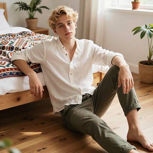 Photograph of a young blonde man with tousled hair, wearing a white button-up shirt and green pants, sitting on a wooden floor beside a bed
