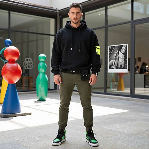Photograph of a bearded man in a black hoodie, green pants, and neon green sneakers, standing in front of colorful abstract sculptures and modern glass