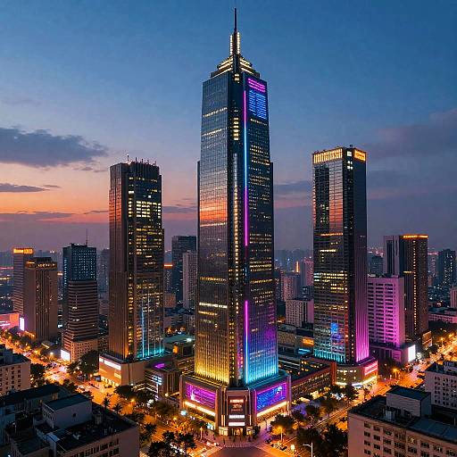 Photograph of a vibrant, sunset-lit cityscape featuring tall, illuminated skyscrapers with colorful neon lights, surrounded by busy streets and buildings.