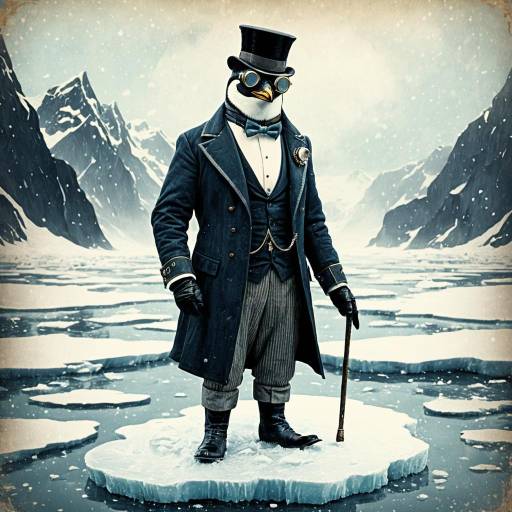Dapper Penguin in Steampunk Attire on Ice Floe