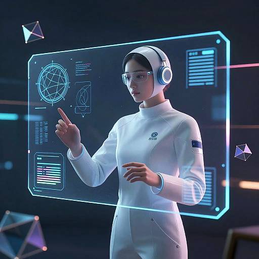 Photograph of a futuristic female scientist in a white jumpsuit, headset, and glasses, gesturing at a holographic blue screen with geometric and technical