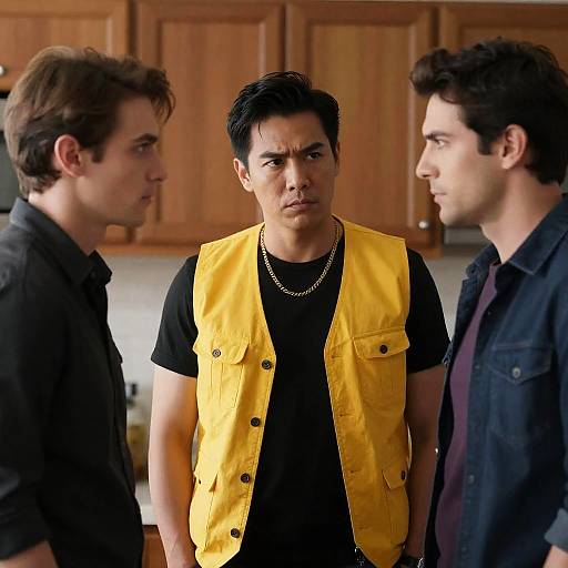 Three Men Engaged in Kitchen Discussion